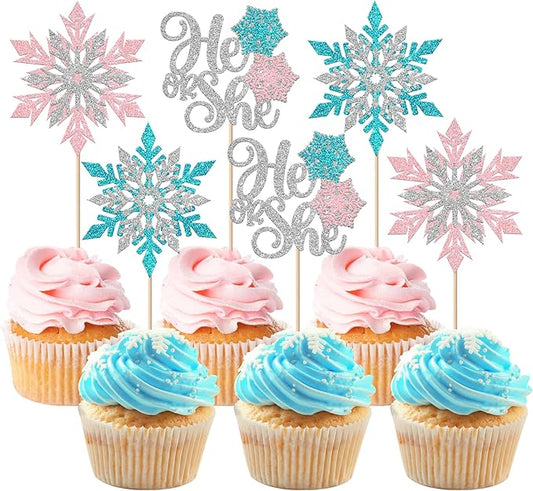 Rsstarxi 24 Pack Snowflake Gender Reveal Cupcake Toppers Pink Blue Glitter He or She Cupcake Picks Winter Snowflake Cake Decorations for Winter Wonderland Birthday Baby Shower Party Supplies