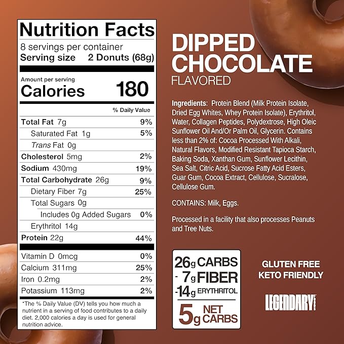 Legendary Foods 22gr Protein Donuts - Dipped Chocolate 8x (2 Donuts per Pack), High Protein, Zero Sugar, Gluten Free, Low Carb, Keto Friendly Snack, Healthy Donut for GLP-1, Diabetic, Bariatric Diets