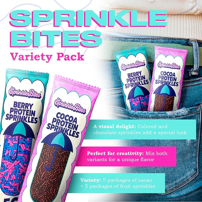 Sprinkle Bites Cacao & Colorful Sprinkles - 10 Pack (5 Each) - Variety Pack - Veggie Protein - Natural Cookie Decorating - Plant Protein Snacks - Cookie Decorating Supplies Sprinkles