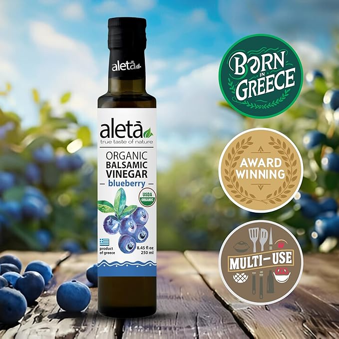 Aleta Farms Balsamic Vinegar, Greek Organic Blueberry Infused Aged Balsamic Vinegar, USDA Organic, Perfect for Salad Dressings, Pasta, Desserts & Cocktails, Glass Bottle, 8.45 fl oz (Blueberry)
