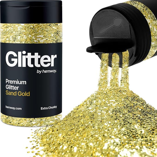 Hemway Premium Glitter Shaker - Sand Gold | Extra Chunky Metallic Flake Sequins for Resin & Epoxy Crafts | Craft Supplies for Tumblers, Festival, Hair, Face, Body, Eye & Nail Art | 115 g