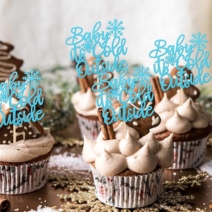 30 PCS Baby It's Cold Outside Snowflake Cupcake Toppers Glitter Winter Frozen Theme Cupcake Picks for Winter Wonderland Shower Birthday Party Cake Decorations Supplies Blue