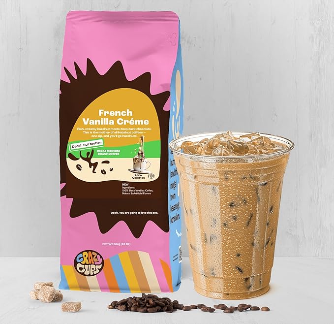 Crazy Cups Decaf Flavored Ground Coffee, French Vanilla Cr챔me, Brew Hot or Iced Coffee, 3 Pack