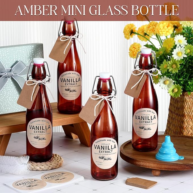 Vesici 12 Sets Swing Top Glass Bottles Set Amber Homemade Vanilla Extract Bottles with Stoppers Stickers Caps Jar Brush Funnel Rope Labels Vanilla Extract Jars for Holiday DIY Crafts (12 oz)