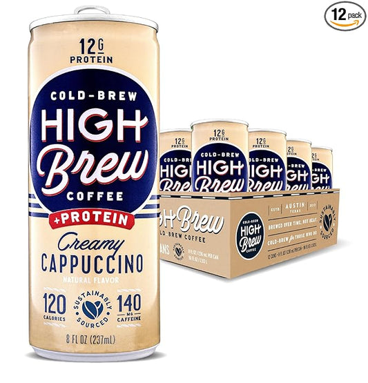 High Brew Coffee, Cold Brew Coffee, Creamy Cappucino, Plus 12g Protein, 8 Fl Oz, Ready-To-Drink (Pack of 12)