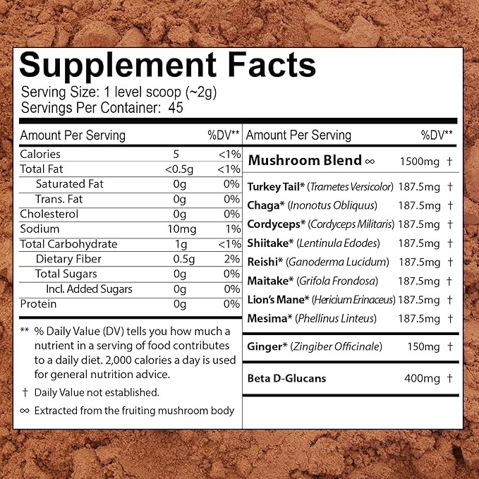 Organic Cacao & 8 Mushroom Immunity Powder ??Non-GMO, Vegan, Raw Rizek Cacao & Functional Mushrooms like Reishi, Chaga, Lion?™s Mane ??In Resealable Glass Jars