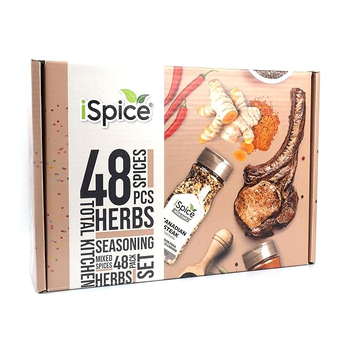 iSpice 48-Pack Starter Spice Set ??Essential Herbs, Spices & Seasonings for Cooking ??Kitchen Gift Set for Home Cooks ??All-Natural, Kosher, Non-GMO (Total Kitchen)