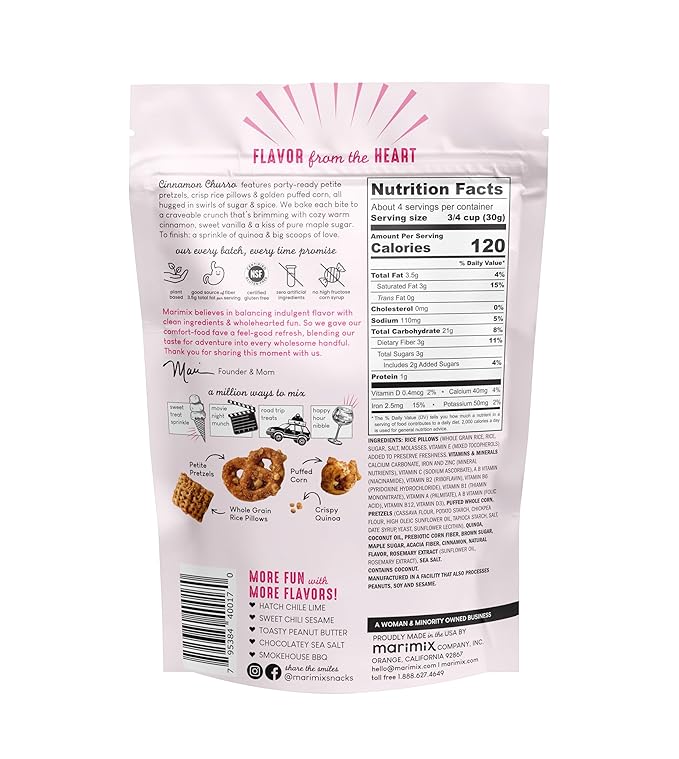 Marimix Snack Mix | Cinnamon Churro 3 Pack | Crunch Baked Sweet & Salty Savory Plant Based Naturally Gluten Free Whole Grain Fiber Charcuterie Pretzel Trail Party Mix | No Artificial Ingredients