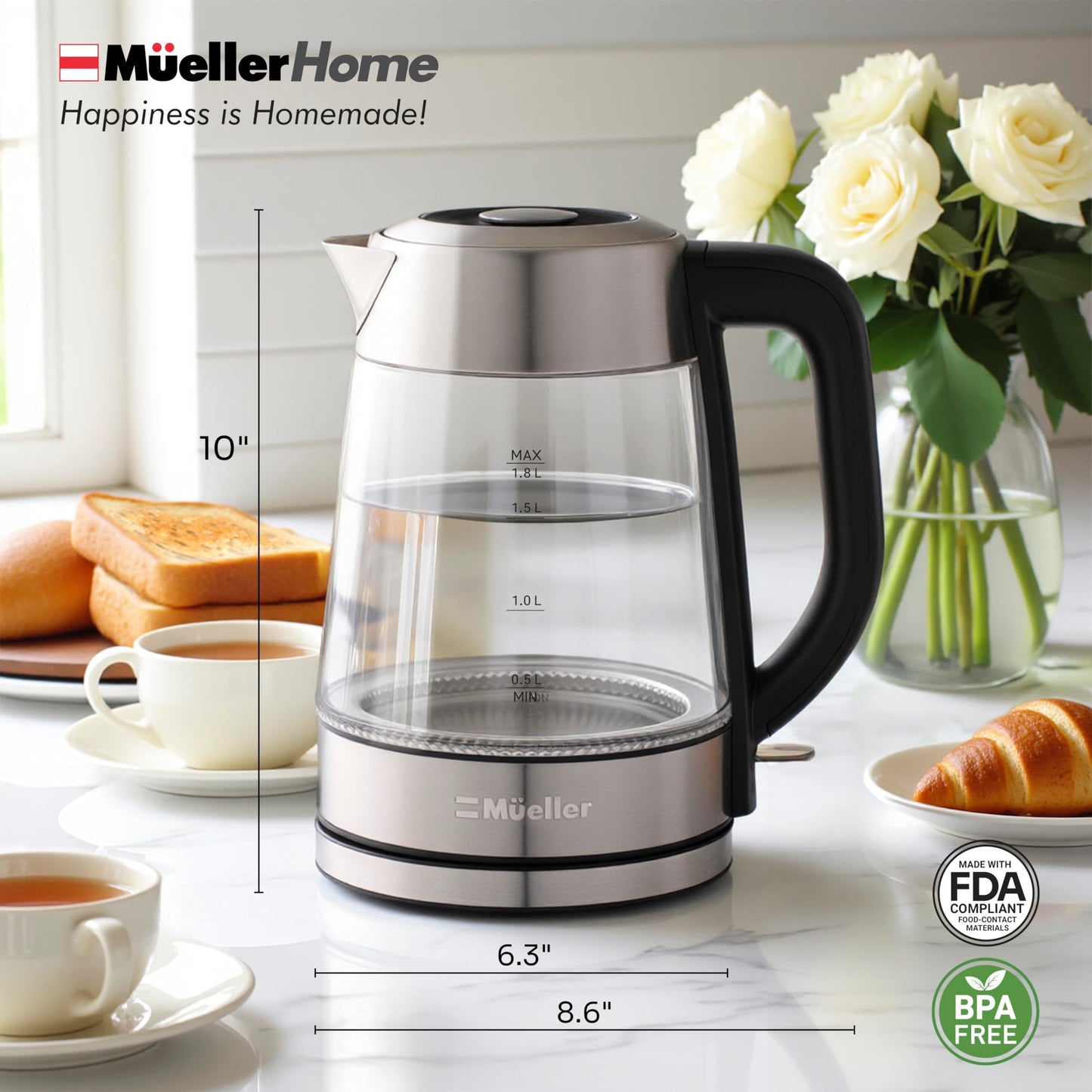 MUELLER HOME Rapid Boil Electric Tea Kettle 1.8L, BPA-Free Hot Water Boiler