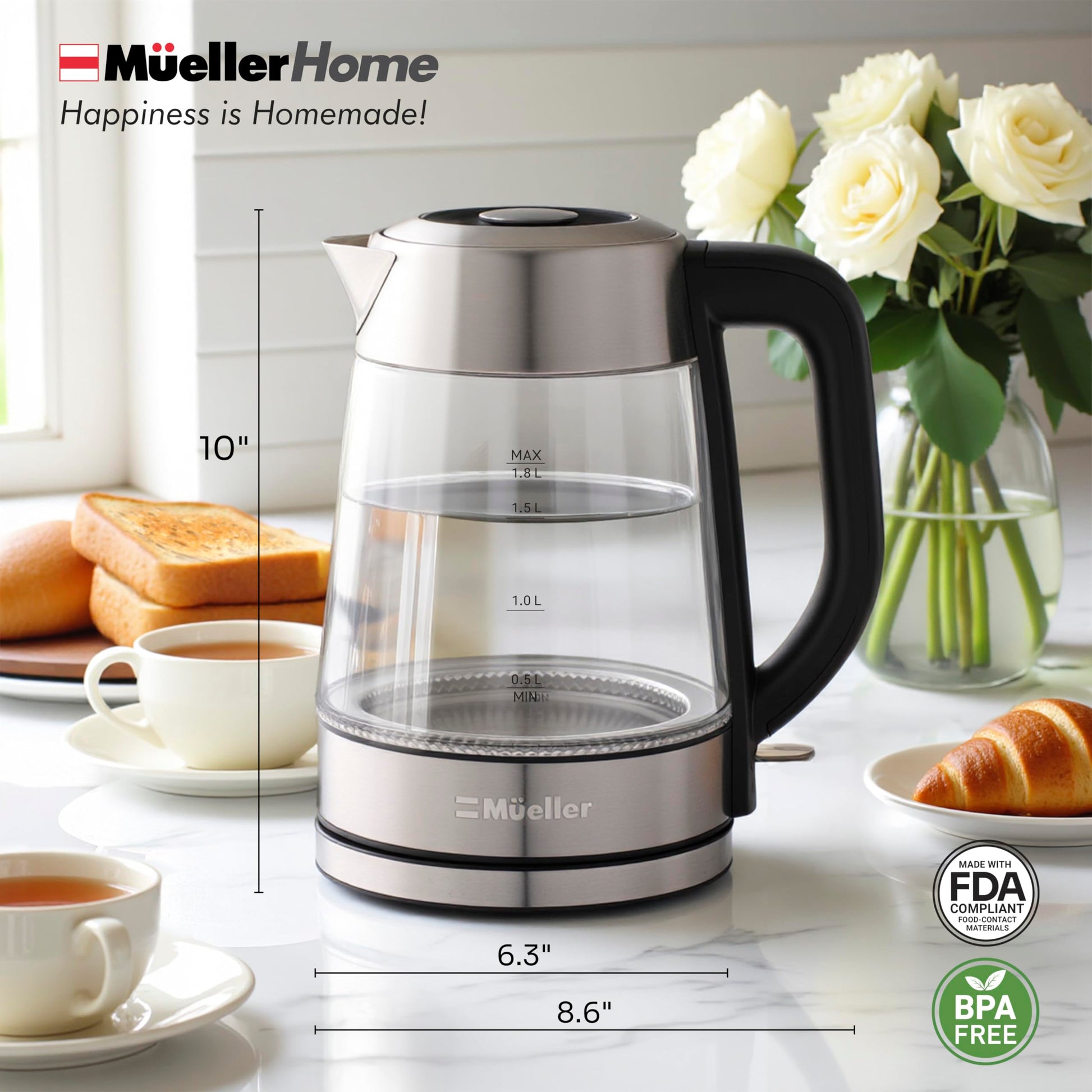 MUELLER HOME Rapid Boil Electric Tea Kettle 1.8L, BPA-Free Hot Water Boiler