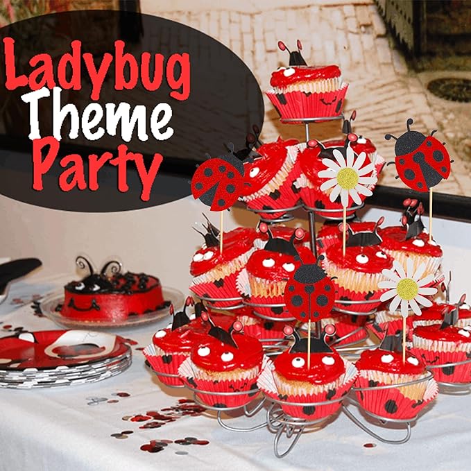 24Pcs Ladybug Cupcake Toppers Flowers Insects Cupcake Picks Garden Theme Baby Shower Kids Birthday Party Cake Decorations Supplies