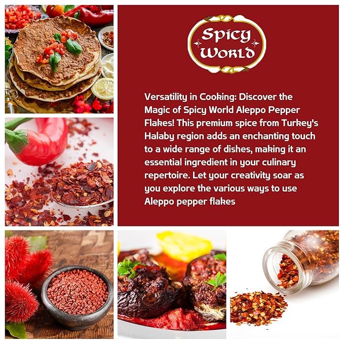 Spicy World Aleppo Pepper Flakes 7 oz | Authentic Turkish Chili Spice for Exquisite Heat & Flavor | Premium Crushed Chili Pepper from Halaby Region | Popular in Turkish & Middle Eastern cooking