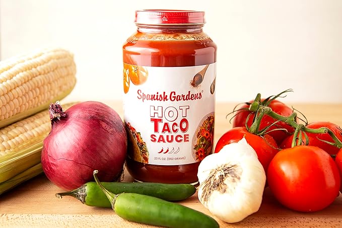 Spanish Gardens Taco Sauce (6 Pack) ??Hot Taco Sauce for Authentic Mexican Food ??Original Family Recipe, Spicy Sauce for Tex Mex Food (23 oz)