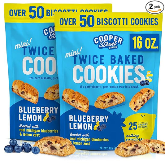 Cooper Street Twice-Baked Blueberry Lemon Biscotti Cookies (16 oz Pack of 2) ??Over 50 Biscotti per Bag Loaded with Real Fruit, Traditional Italian Style Snacks - Dairy, Peanut & Soy Free, Kosher