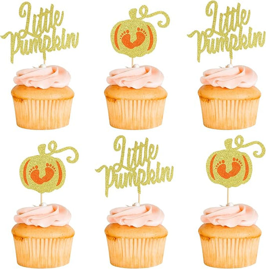 24Pcs Little Pumpkin Cupcake Toppers - Baby Shower Cake Decorations with Baby Feet Pumpkin Cupcake Picks for Thanksgiving, Halloween, Kids Birthday Parties - Gold Glitter