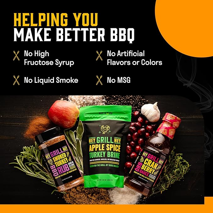 Hey Grill Hey | Turkey Brine Kit | | Includes Apple Spice Brine, Smoked Turkey Rub, and Cranberry BBQ Glaze| Smoked Turkey Brine & Seasoning Kit
