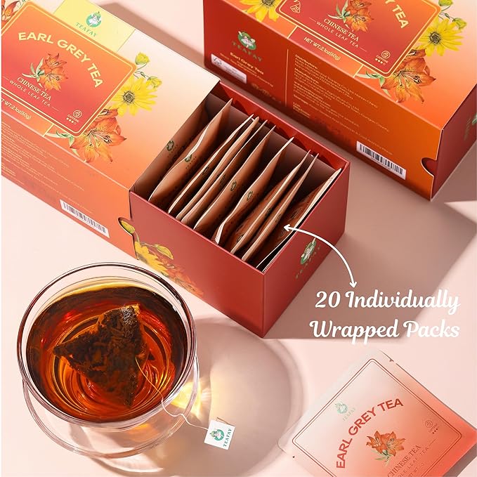 TEAFAY Earl Grey Tea ??20 Count (40 Cups), 100% Natural, Handpicked, Whole Leaf Pyramid Tea Bags, Individually Wrapped, Classic Bergamot Aroma, High Caffeine, Eco-Friendly
