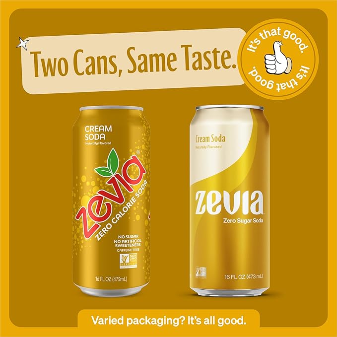 Zevia Zero Sugar Soda, Cream Soda, 16 oz Cans (12-Pack) ??Naturally Sweetened, Non-GMO Project Verified, Gluten-Free, Vegan