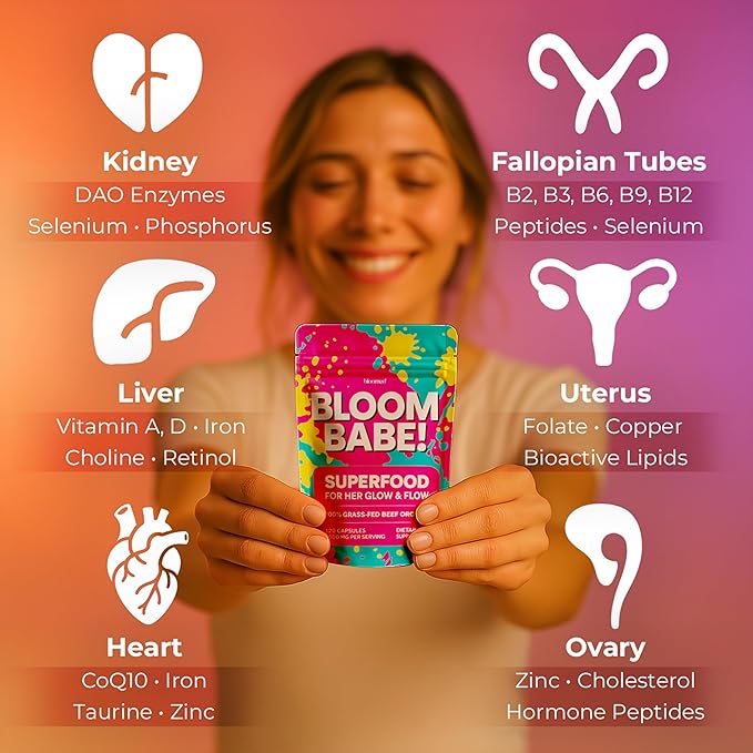 Beef Organ Supplement for Women | 100% Grass Fed Beef Liver Capsules with Heart, Kidney & Reproductive Organs | Primal Hormone Balance & Ancestral Energy | Bloom Babe - Queen of Superfoods, 120ct