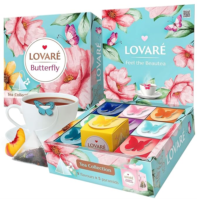 LOVARE Assorted Tea Pyramid Bags 45 Pack - Made in Ukraine - 9 Tastes of Tea Sampler Pyramids - Assortment with Black and Green Tea, Fruits, Flowers, Berries - Flavored Gift Box