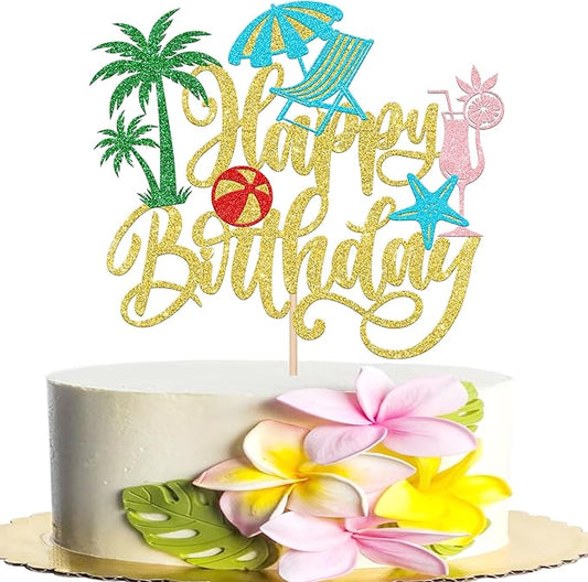 Rsstarxi 1 Pack Summer Beach Happy Birthday Cake Topper Chair Ball Umbrella Palm Tree Cupcake Picks Pool Birthday Cake Decorations for Summer Hawaiian Birthday Party Supplies Gold