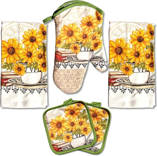 Lobyn Value Packs: Bright Sunflower 5-Piece Kitchen Set ??2 Soft Terry Dish Towels and 2 Quilted Potholders & 1 Oven Mitt for Everyday Use