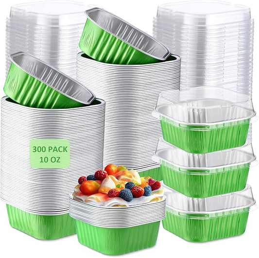 Aoriher 300 Pieces 10 oz Mini Cake Pans with Lids, Aluminum Foil Baking Cups, Square Disposable Cupcake Cups Baking Tins for Wedding Birthday Party Supplies(Green)