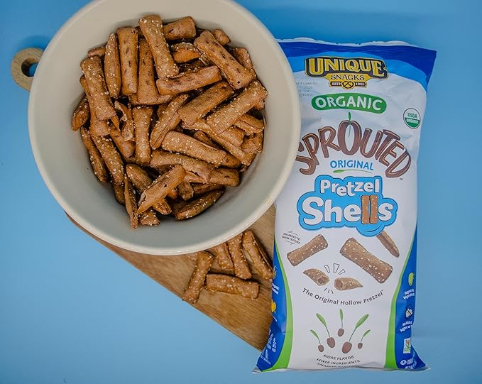 Unique Snacks Sprouted Pretzel Shells, Delicious Homestyle Baked Snack Bag, Vegan, OU Kosher, and Non-GMO Food, No Artificial Flavor, 8 Oz. Bag, Pack of 12
