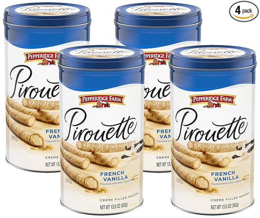 Pepperidge Farm Pirouette Cookies, French Vanilla Flavored Crème Filled Wafers, 13.5 Oz Tin (Pack of 4)