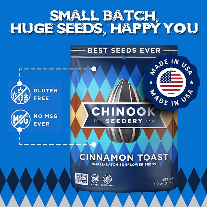 Chinook Seedery Roasted Jumbo Sunflower Seeds - Keto Snacks - Best For Snack Packs - Gluten Free, Non GMO Snack Food Gifts - 4 ounce (Pack of 12) - Cinnamon Toast Flavor