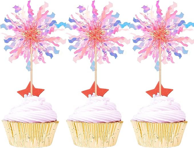 Rsstarxi 30 Pack Foil Firework Cupcake Toppers Birthday Party Decorations Sparkle Tinsel Cocktail Food Fruit Toothpick for New Years Valentine's Day Wedding Birthday Party Decorations
