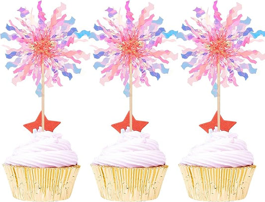 Rsstarxi 30 Pack Foil Firework Cupcake Toppers Birthday Party Decorations Sparkle Tinsel Cocktail Food Fruit Toothpick for New Years Valentine's Day Wedding Birthday Party Decorations
