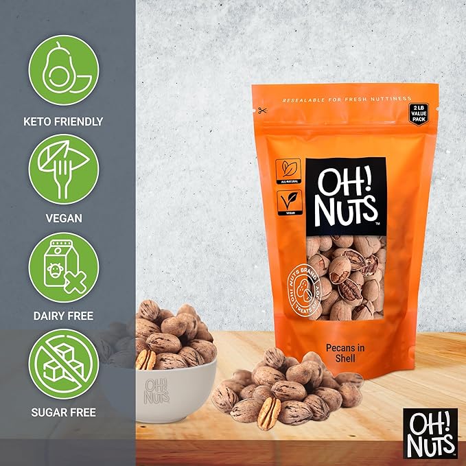 Oh! Nuts Pecans in Shell - Raw - 100% Natural - 2 lb - High-Protein Pecans - Packed in New York Zip-Seal Bag for Exceptional Freshness