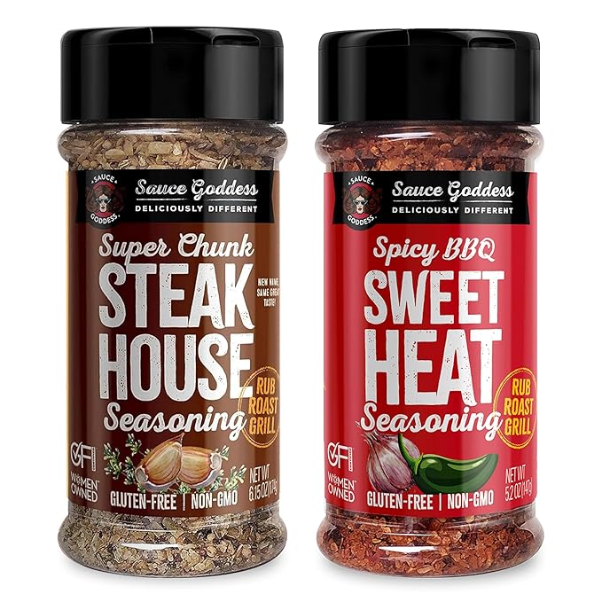 Sauce Goddess - Spicy BBQ Sweet Heat & Super Chunk Steakhouse Shaker Duo - Premium Spices, No MSG, No Additives - Meat & Veggies Seasoning 2-Pack