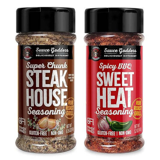 Sauce Goddess - Spicy BBQ Sweet Heat & Super Chunk Steakhouse Shaker Duo - Premium Spices, No MSG, No Additives - Meat & Veggies Seasoning 2-Pack