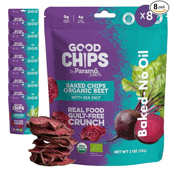 Baked Organic Beet Chips by GOOD CHIPS! 100% Natural, Oil Free, Only Two Ingredients: Organic Beets and Sea Salt. 1 oz Bags, Pack of 8