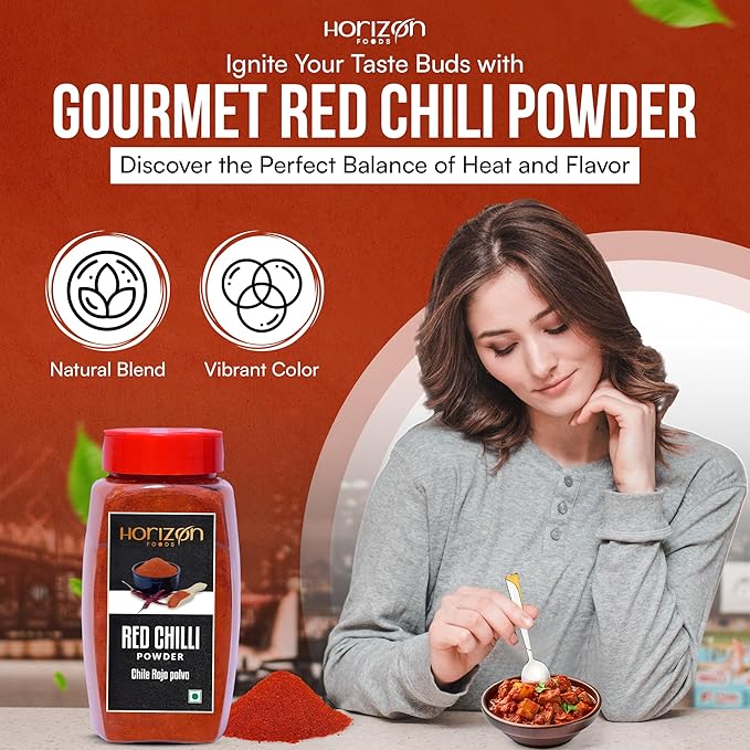 Horizon Foods Premium Red Chili Powder - 200g Indian Spice Blend for Tikka Masala Sauce, Mexican Oregano & Mixed Vegetables. Perfect Seasoning with Guajillo Chiles & Ancho Chili Flakes in Your Indian Spice Box (100g, Red Chilli Powder)