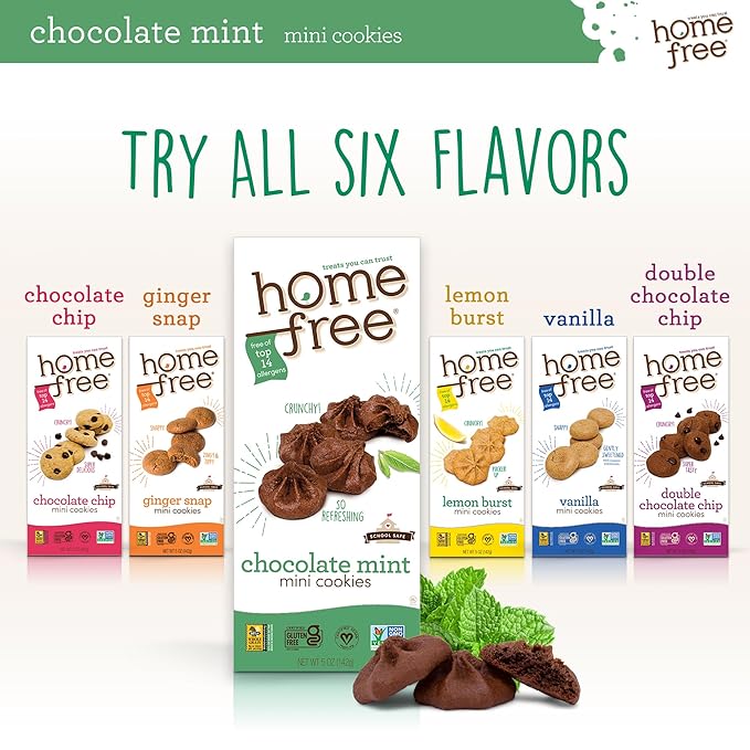 Homefree Chocolate Mint Mini Cookies, Gluten Free, Nut Free, Vegan, School Safe and Allergy Friendly Snack, 5 oz. Box (Pack of 6)