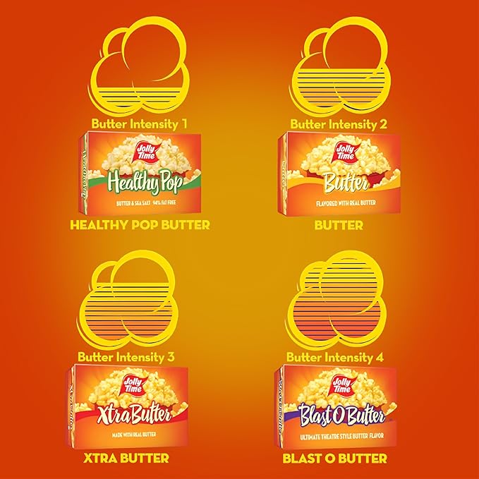 Jolly Time Xtra Butter, Ultimate Movie Theater Butter Microwave Popcorn, 3oz Sharing Bag, 6 Bags Per Carton (Xtra Butter, 3 Ounce (Carton of 6))