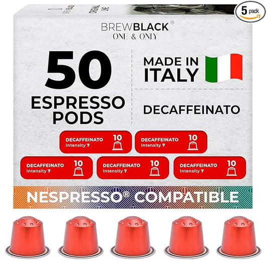BrewBlack Decaffeinato Coffee Capsules - 50 Aluminum Coffee Pods Compatible with Nespresso Original line, Medium Roast - Intensity 7/12, Made in Italy