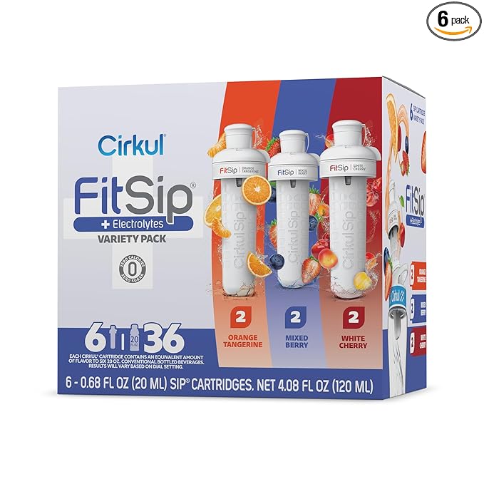 Cirkul FitSip Flavor Cartridge Variety Pack with Electrolytes, 6-Pack (2 Mixed Berry, 2 White Cherry, 2 Orange Tangerine), No Sugar, Zero Calorie Drink Mix