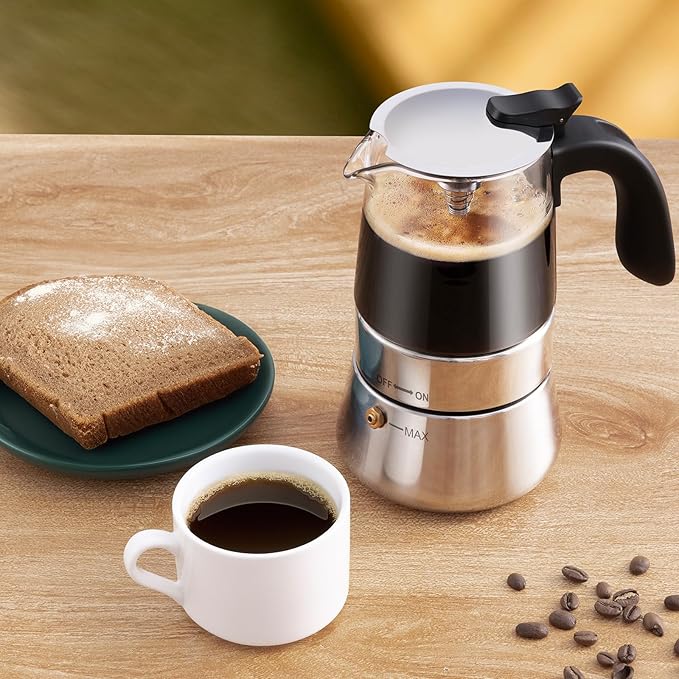 Moka Pot-Portable Stovetop Espresso Maker, Borosilicate Glass & Stainless Steel Percolator Coffee Maker 6 Cups (240ml/8.5oz)