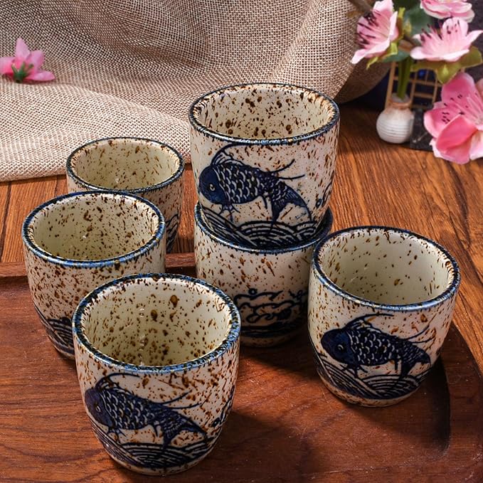 Porcelain Sake Cups of 6, Set of Cups for Japanese Wine Sake