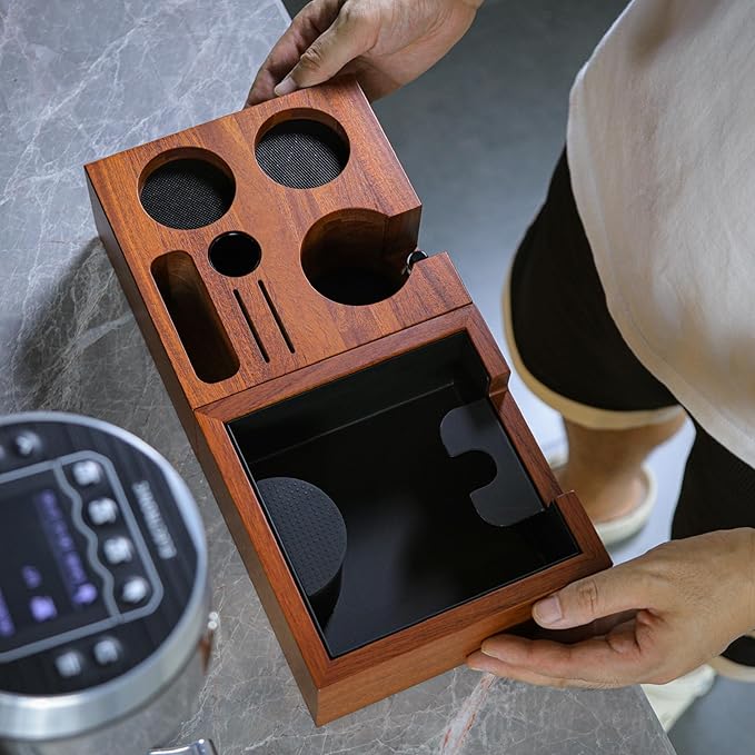 58mm Espresso Knock Box Set ??Rosewood Tamping Station Organizer & Coffee Grounds Bin | Professional Espresso Accessories for 58mm Portafilter Machines