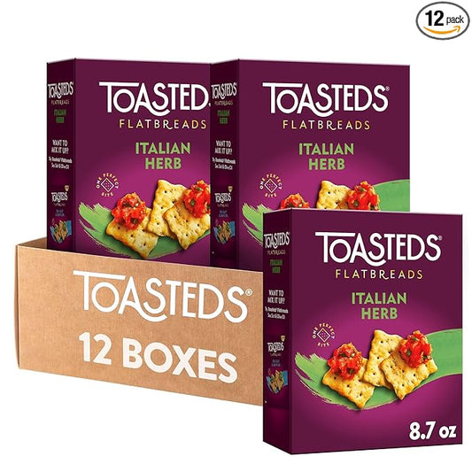 Toasteds Flatbreads Crackers, Party Snacks, Lunch Snacks, Italian Herb (12 Boxes)