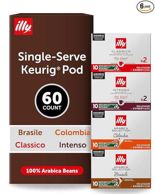 Illy Coffee K-Cups - Compatible Pods for Keurig Coffee Maker - Classico, Intenso, Brasile & Columbia Roasts - Variety - 10 Count (Pack of 6)