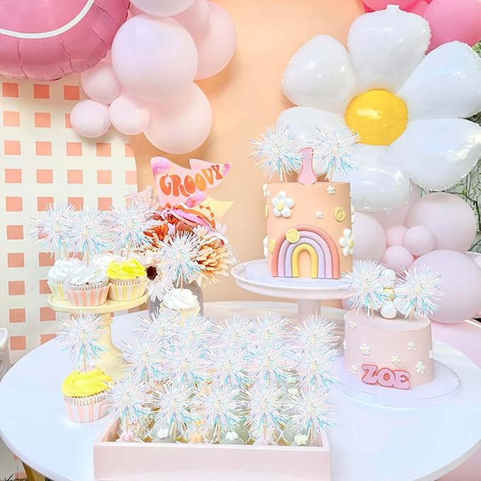 Rsstarxi 30 Pack Foil Firework Cupcake Toppers Birthday Party Decorations Sparkle Tinsel Cocktail Food Fruit Toothpick for Valentine's Day Wedding Birthday Party Decorations Silver