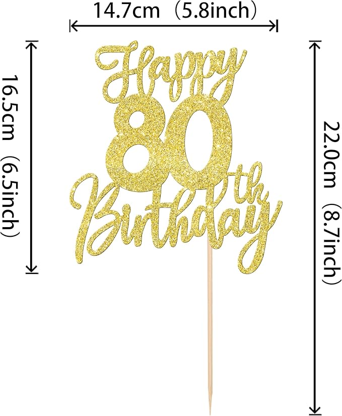 1 PCS Happy 80th Birthday Cake Topper Glitter Cheers to 80 Years Birthday Cake Pick Eighty Hello 80 Fabulous Cake Decoration for Happy 80th Birthday Anniversary Party Decorations Supplies Gold