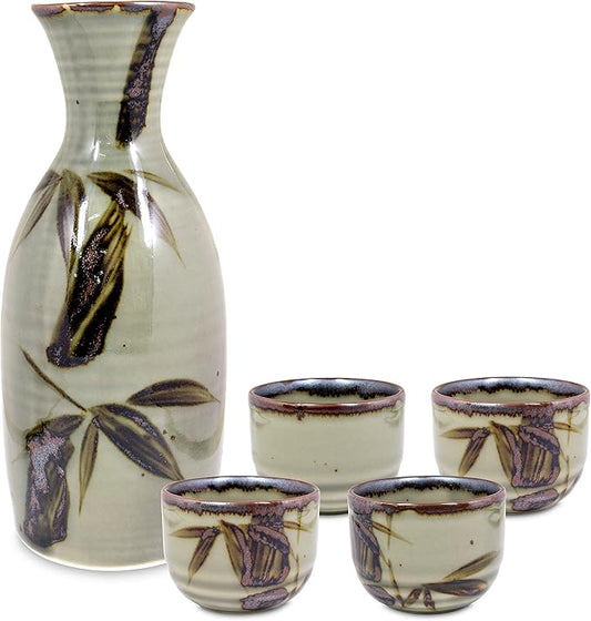 Product of Gifu Japan Japanese Sake Set, 1 Tokkuri Bottle Carafe and 4 Ochoko Cups Ceramic Sake Glasses, 5 Piece Set, Green Mashikodake