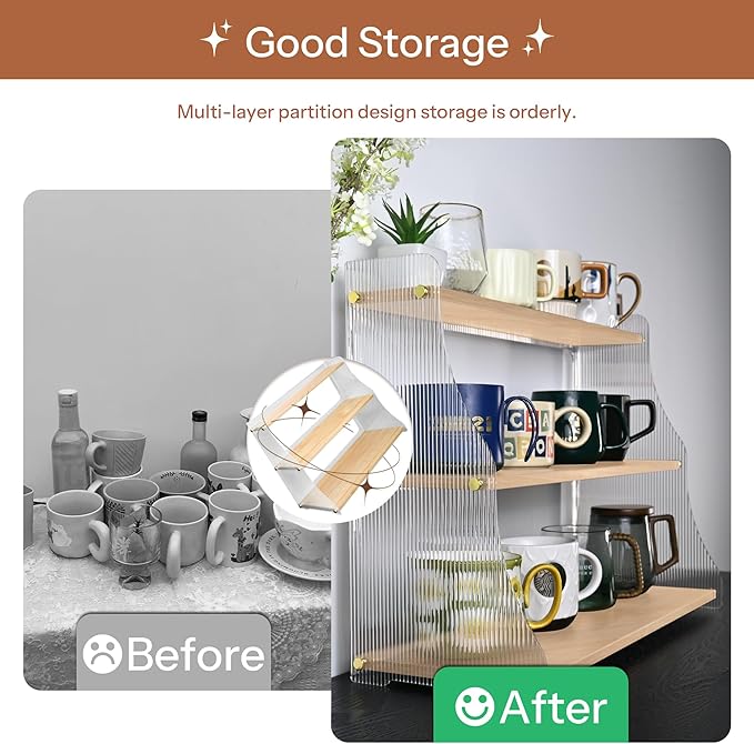 Coffee Mug Holder Wooden Cup Rack,3-Tier Acrylic Home Coffee Mug Display Rack for Kitchen Countertops, Coffee Bars, for Placing Mugs, Coffee Beans, Syrup, Cups, Stirrers ??,<div>